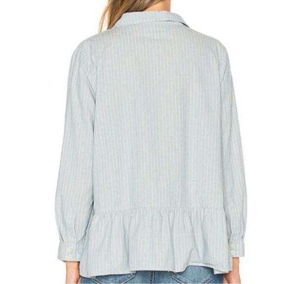 The Great. The Drop Ruffle Oxford Shirt Button Down Indigo Stripe Blue Size M - Picture 2 of 11